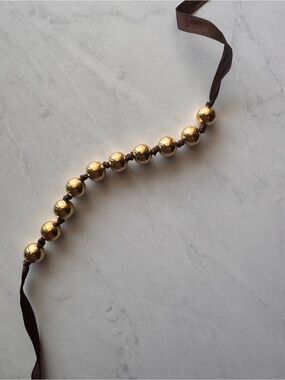 Gold Tone Round Bead Ball Bracelet w/ Brown Ribbon Tie Closure Adjustable